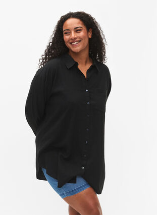 Lange shirt in linnen-viscose blend, Black, Model image number 0