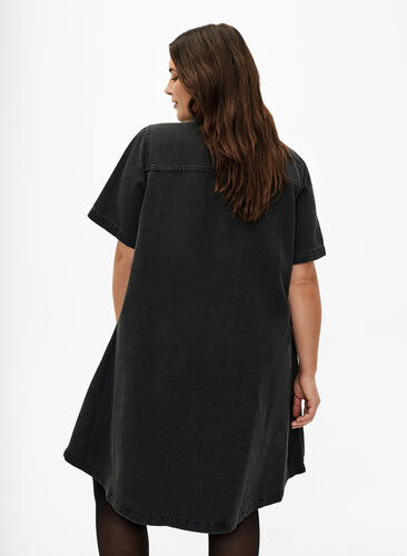 A-vorm denim jurk met korte mouwen, Grey Denim, Model image number 1