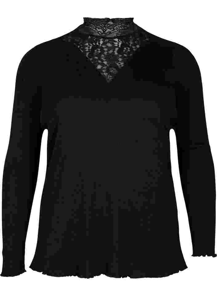 Hoge hals blouse met kant, Black, Packshot image number 0