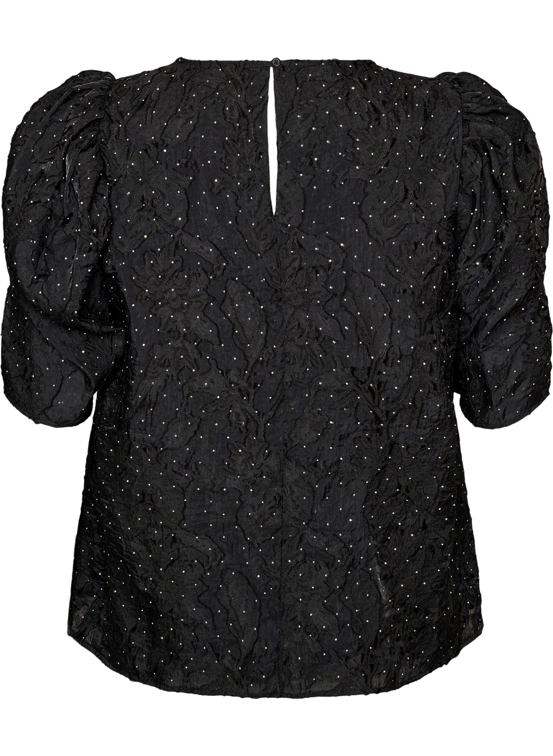 ZizziJacquard blouse met sprankelende details en pofmouwen, Zwart, Packshot image number 1