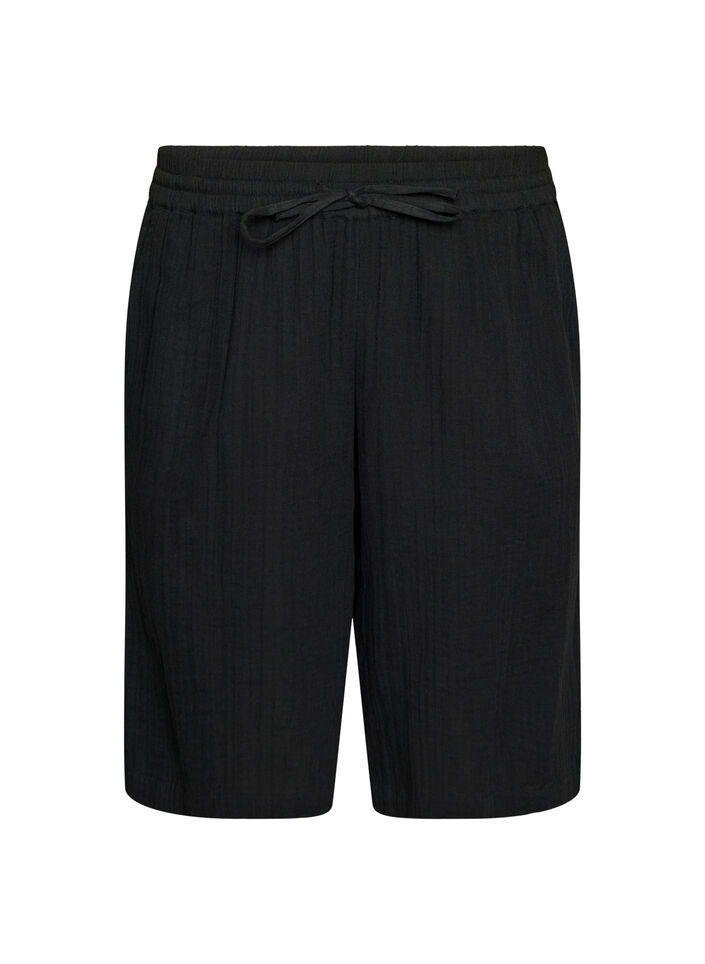 Los katoenen mousseline shorts met een hoge taille, Zwart, Packshot image number 0