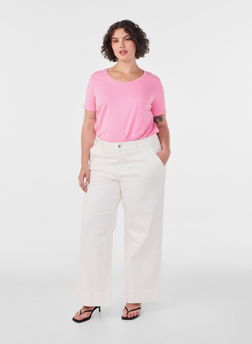 Basic t-shirt in effen kleur met katoen, Roze, Model image number 1