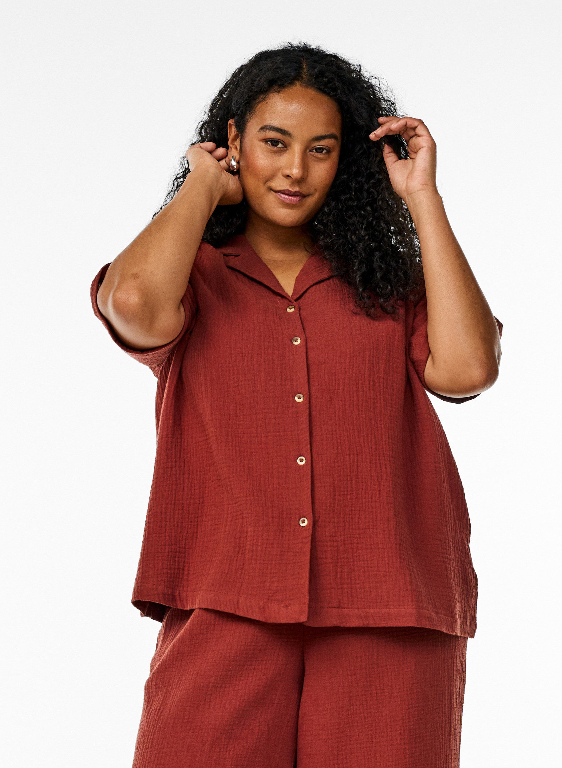 Zizzi Shirt met korte mouwen van katoen mousseline, Rood, Model image number 0