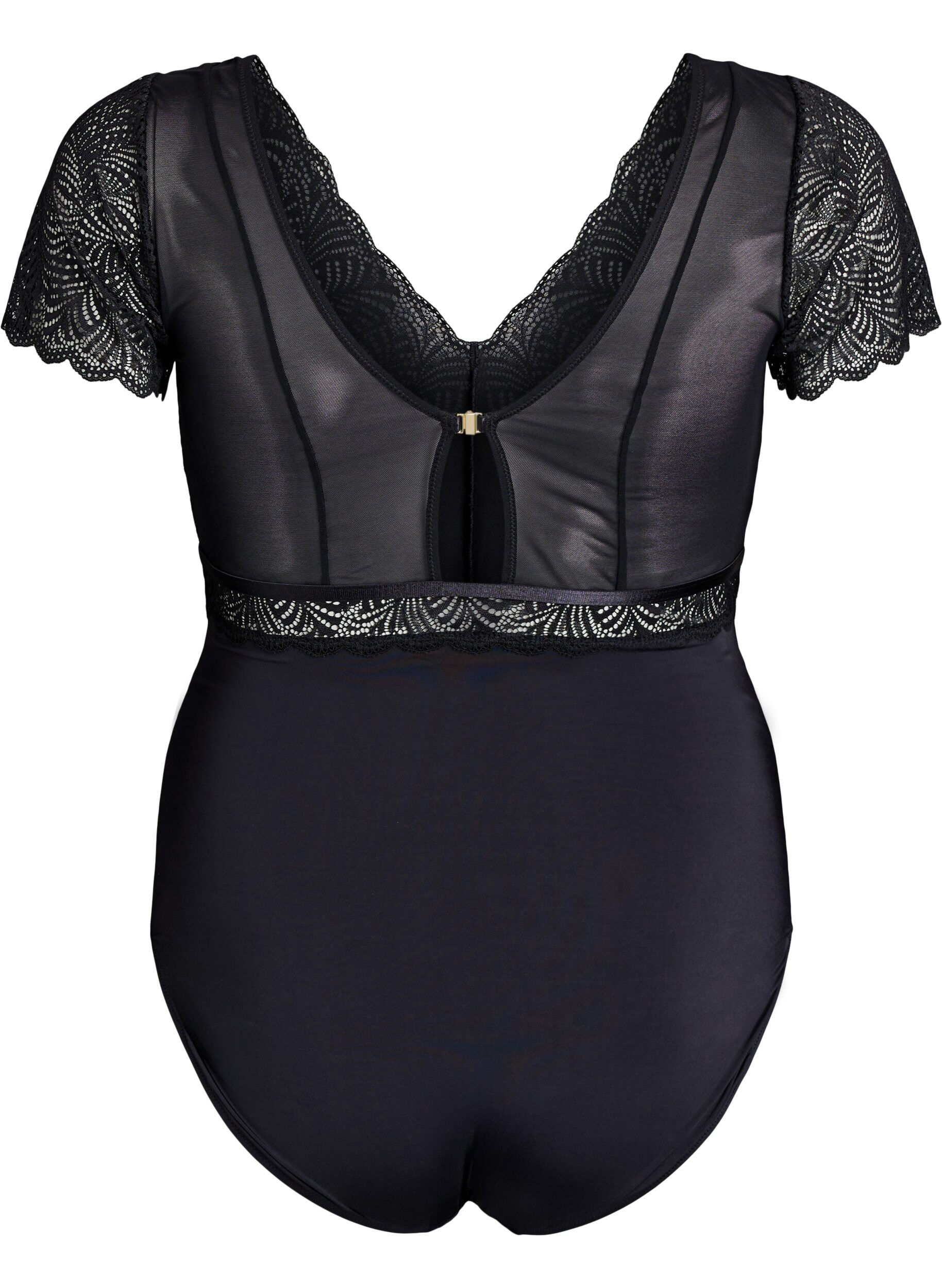 Zizzi Bodystocking met kanten en korte mouwen, Zwart, Packshot image number 1
