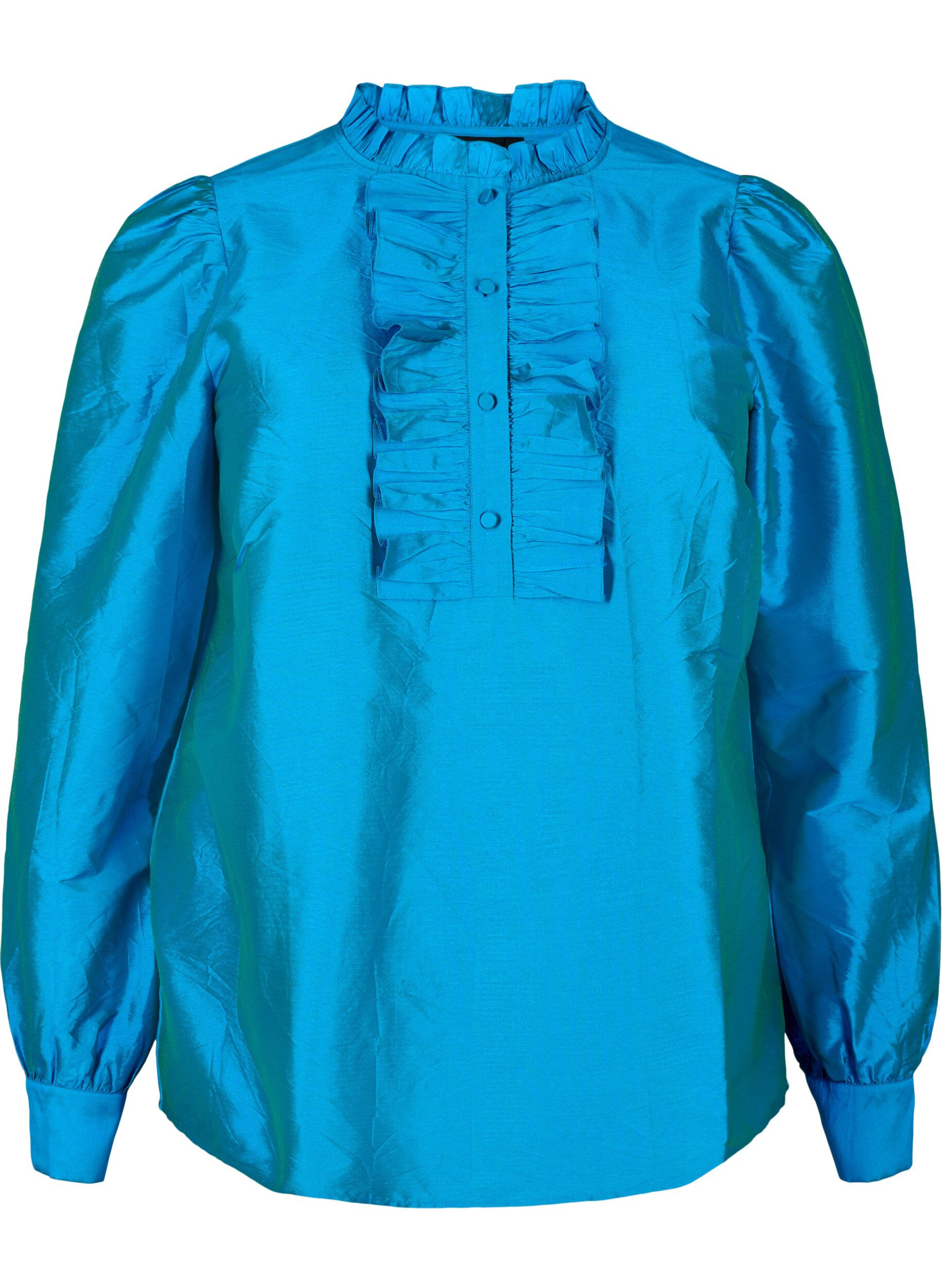 Zizzi Glanzende shirtblouse met ruches, Diva Blue, Packshot image number 0