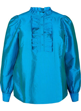 Glanzende shirtblouse met ruches, Diva Blue, Packshot image number 0