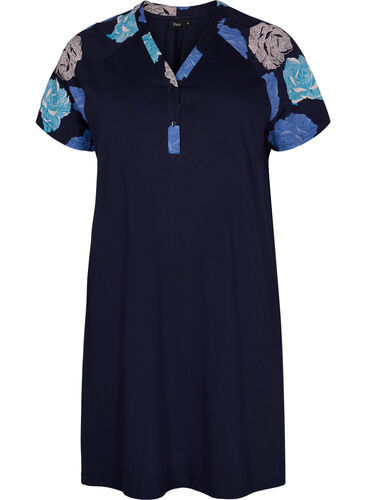 Katoenen pyjama jurk met korte mouwen en print, Blue Flower, Packshot image number 0