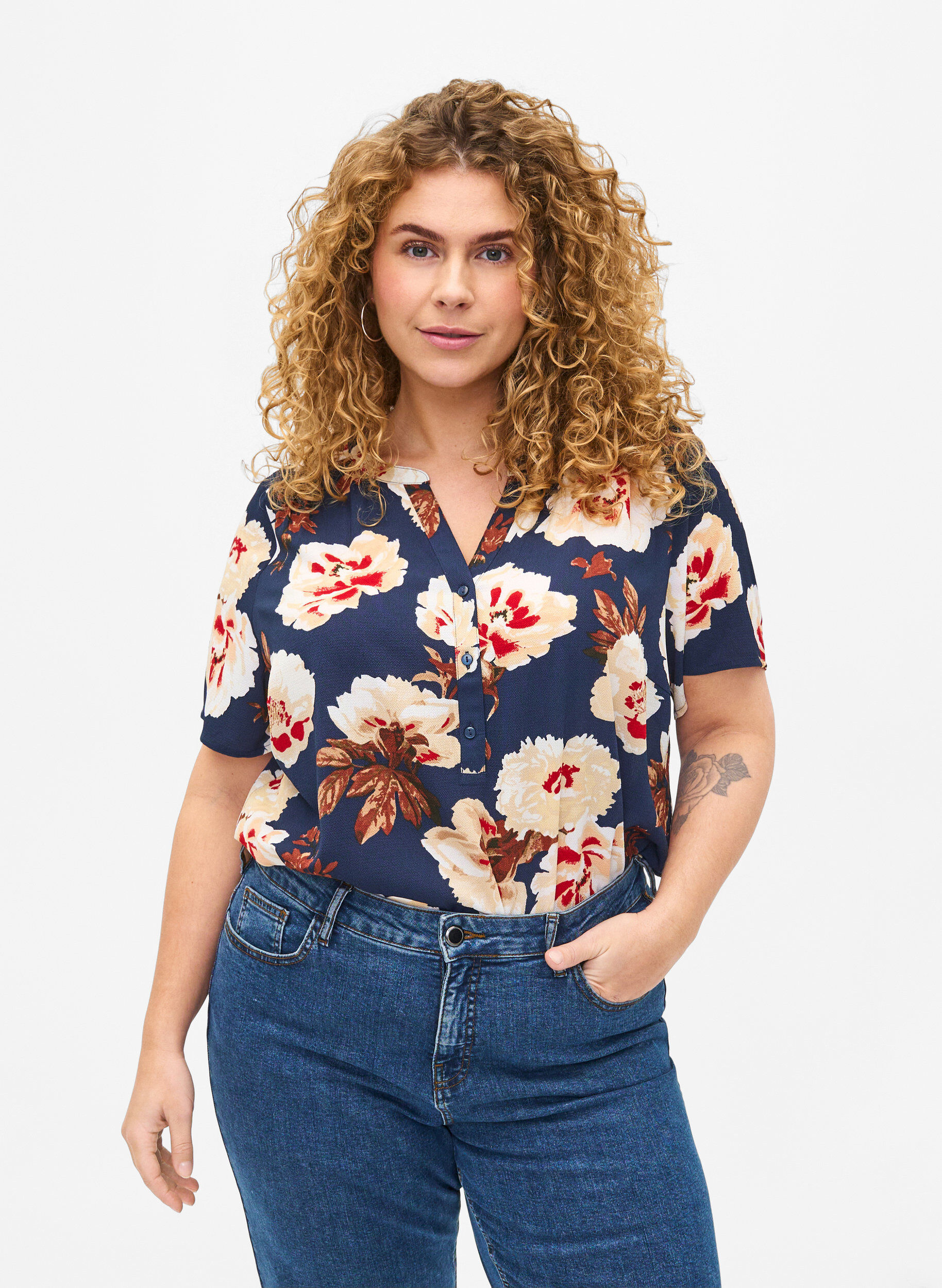 Zizzi Blouse met korte mouwen en v-halslijn, Blauw, Model image number 0