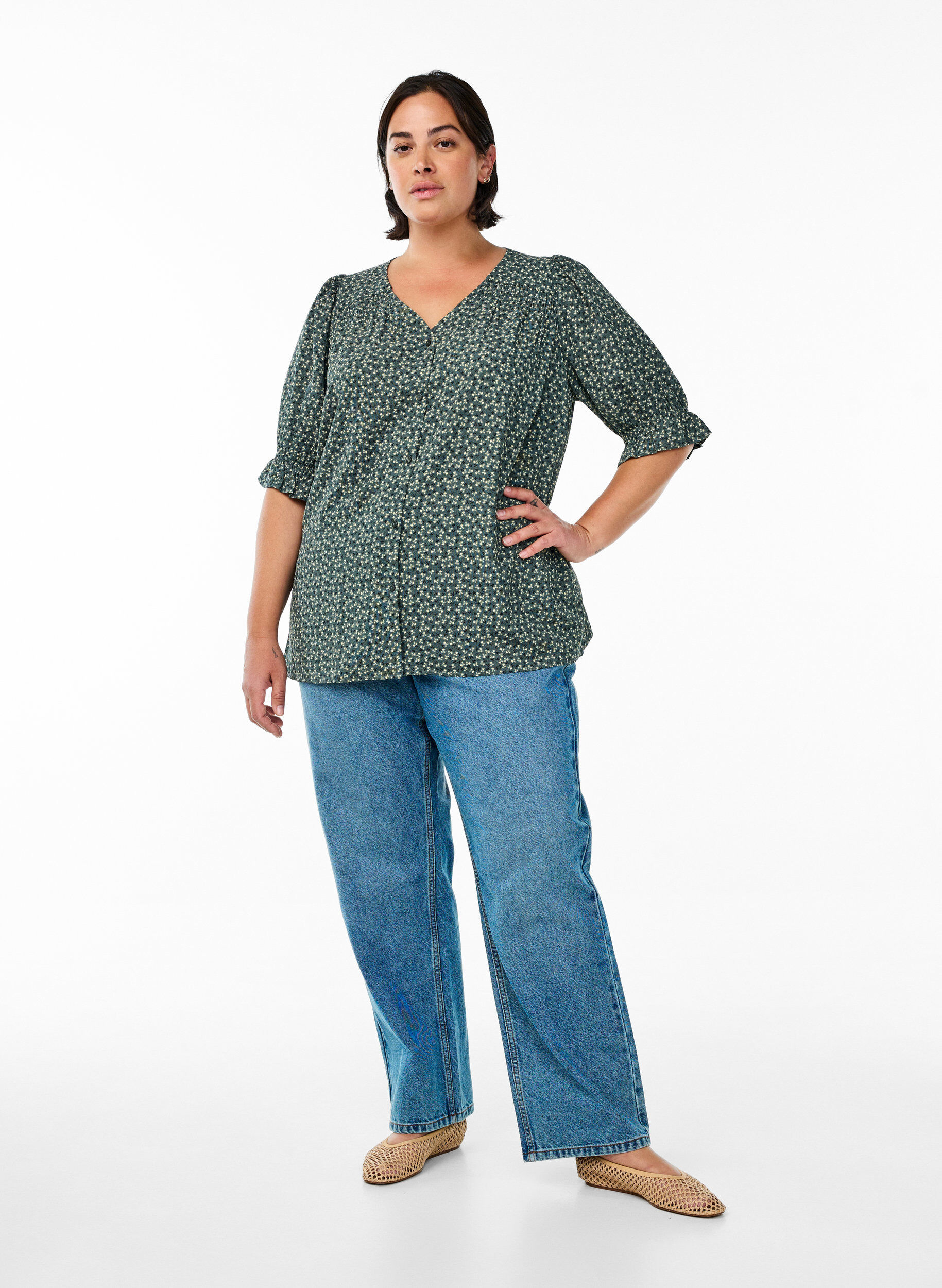 Zizzi Shirtblouse met 1/2 mouwen, Groen, Model image number 1