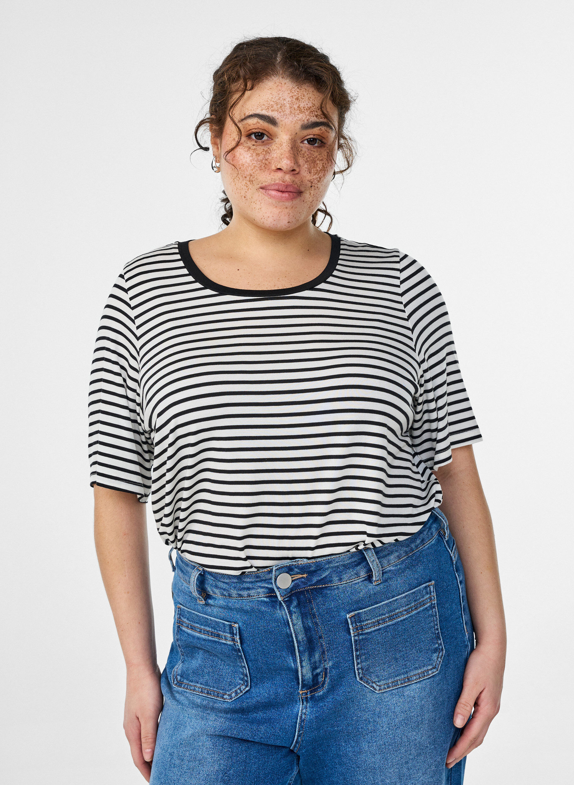 ZizziT-shirt met TENCEL&trade; Lyocell en strepen, Wit, Model image number 0