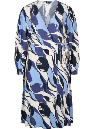 Bedrukte midi-jurk met omslag, Blue Abstract AOP, Packshot image number 0