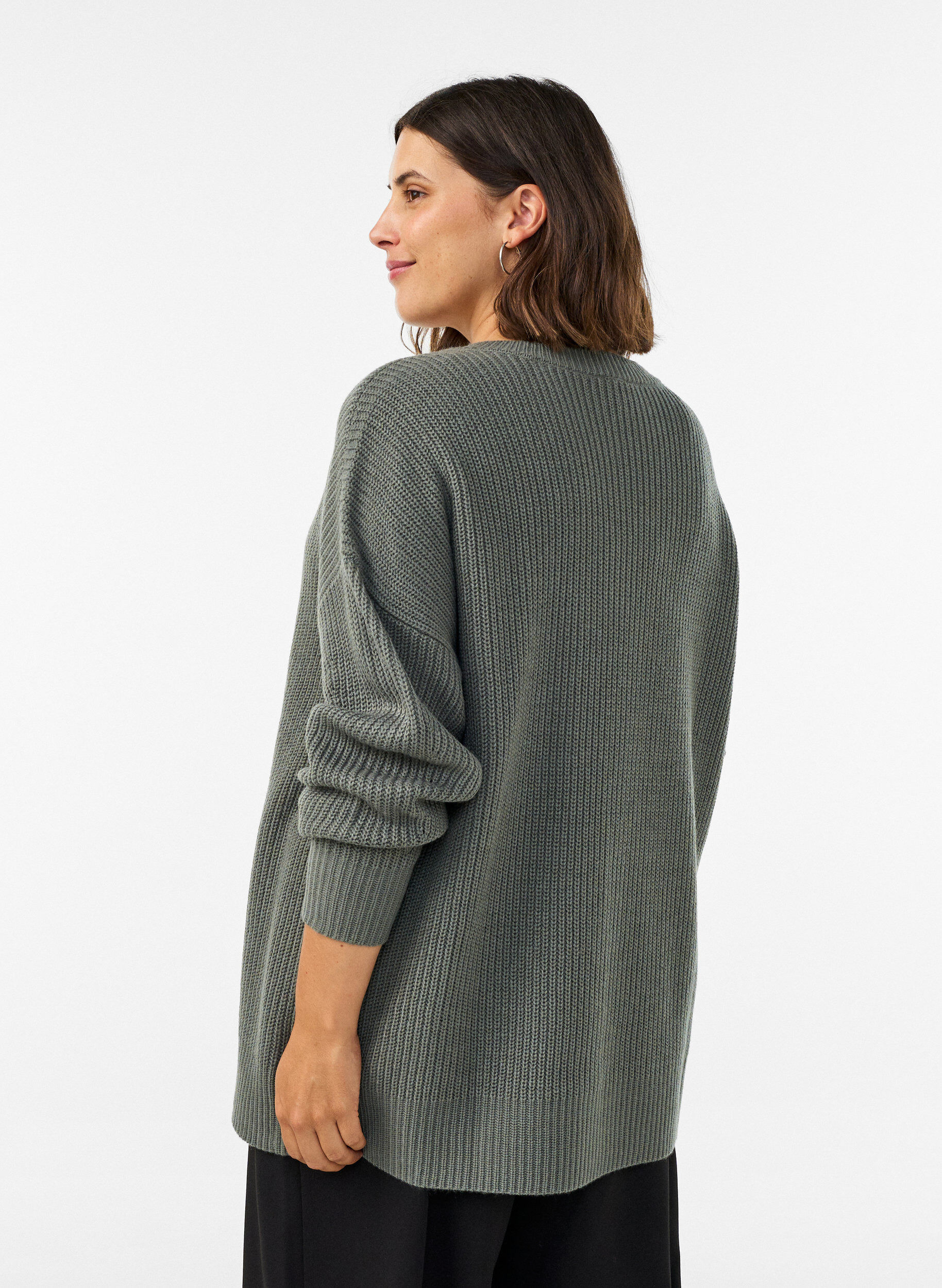 ZizziLange ribgebreide blouse met V-hals, Groen, Model image number 2