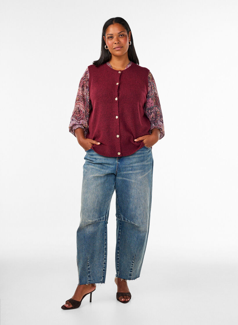 Gebreide vest met decoratieve knopen, Donker Bordeaux, Model image number 1
