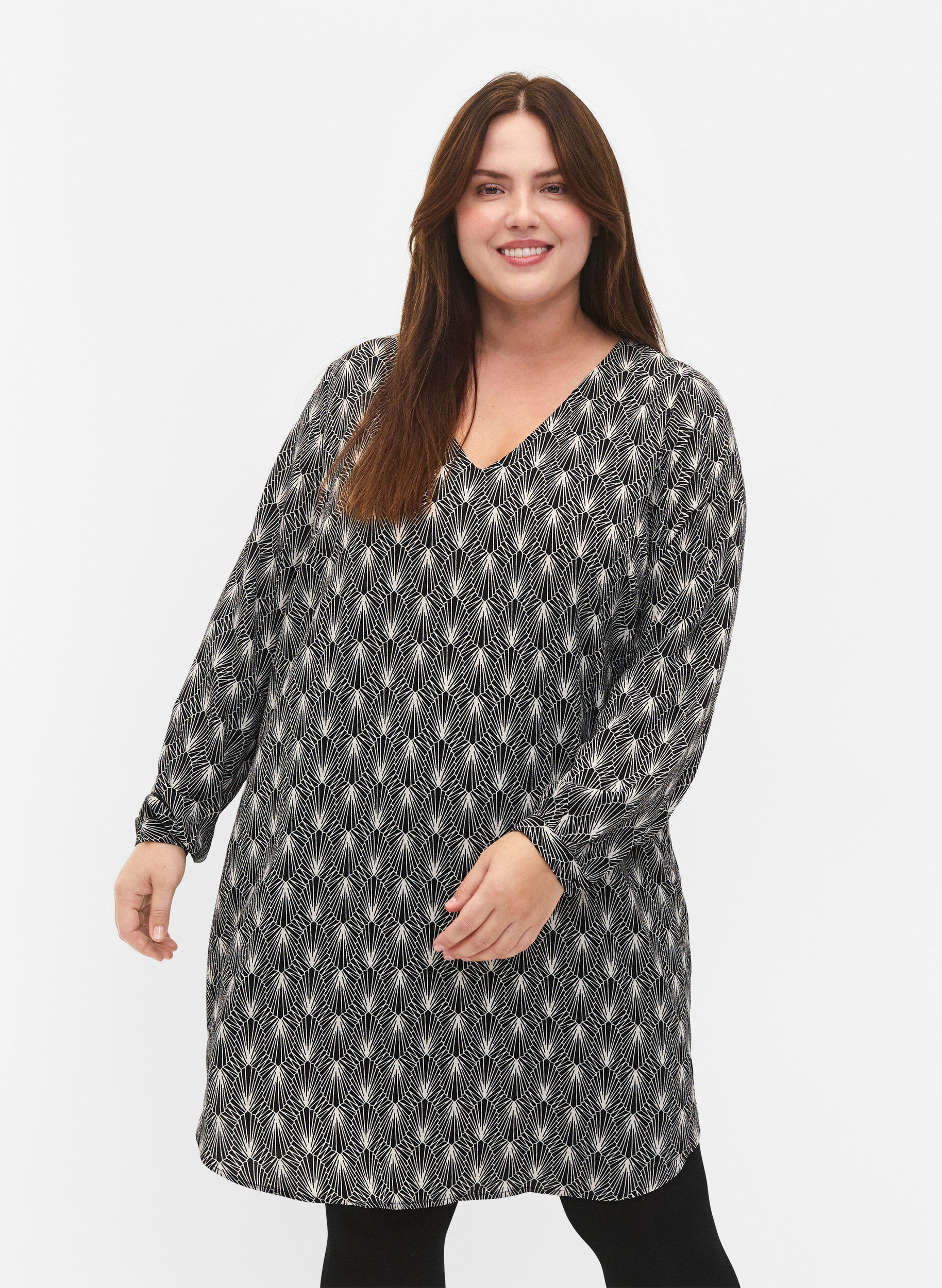 Zizzi Jurk met V-hals en print, Birch Graphic AOP, Model image number 0