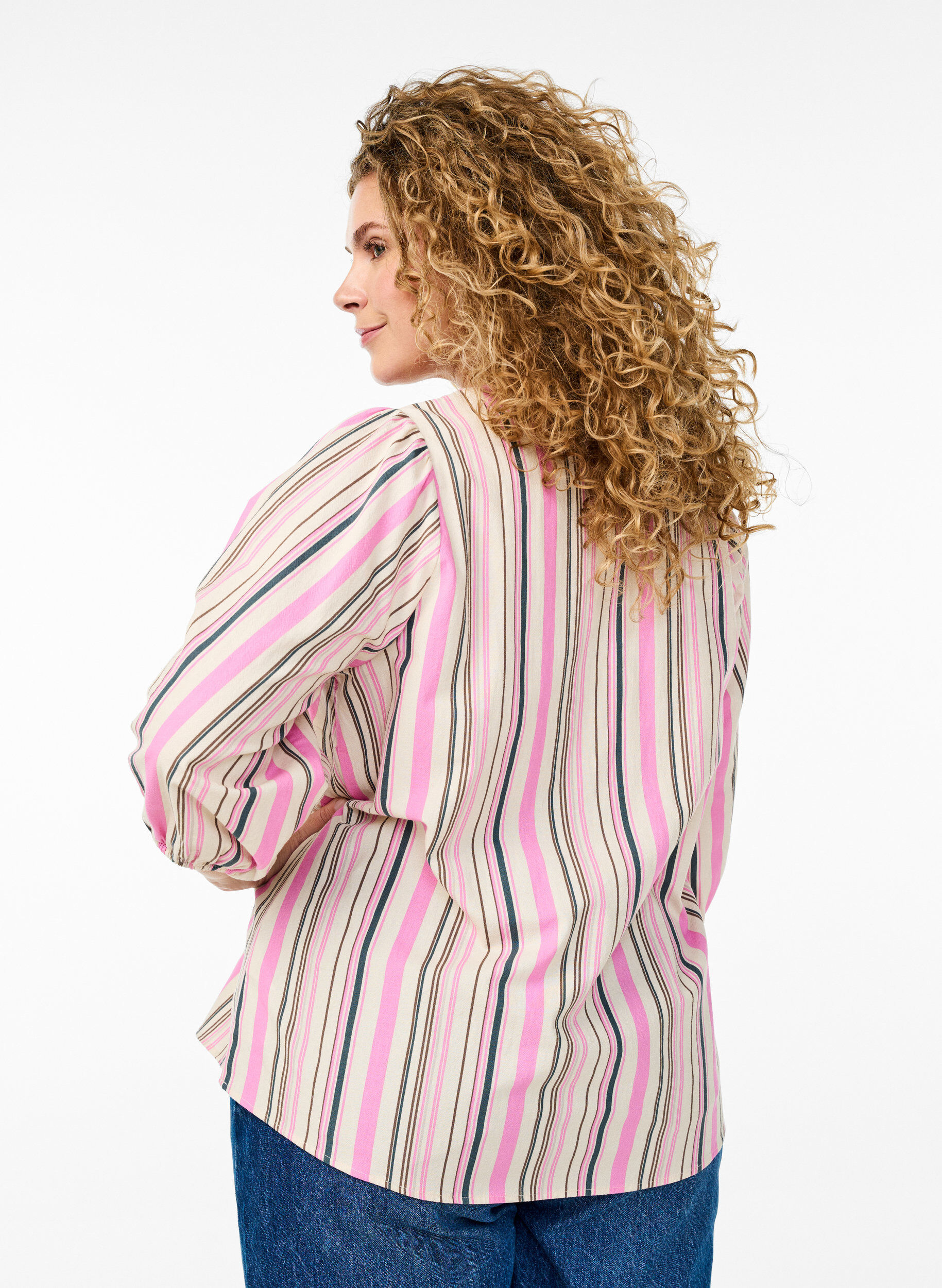 Zizzi 3/4 mouw blouse in katoen met strepen, Vanille, Model image number 2