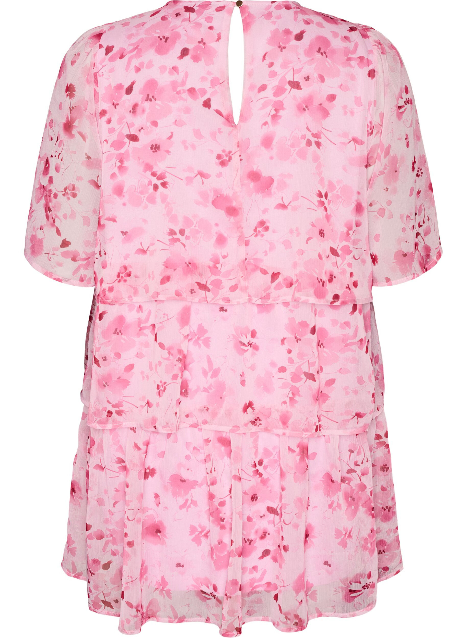 Zizzi Korte jurk met chiffonlook, bloemenprint en volantlagen, Roze, Packshot image number 1