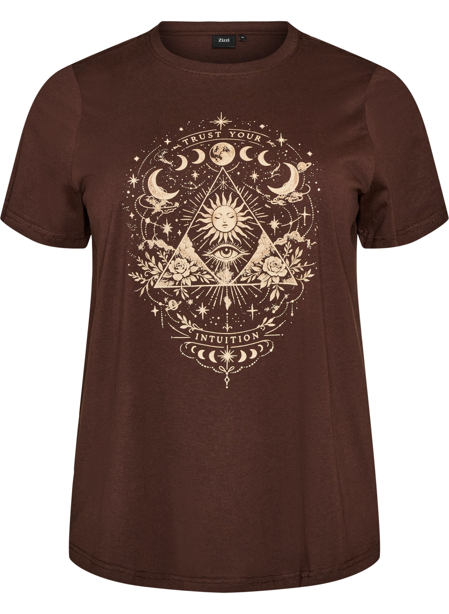 ZizziKatoenen T-shirt met print aan de voorkant, Bruin, Packshot image number 0