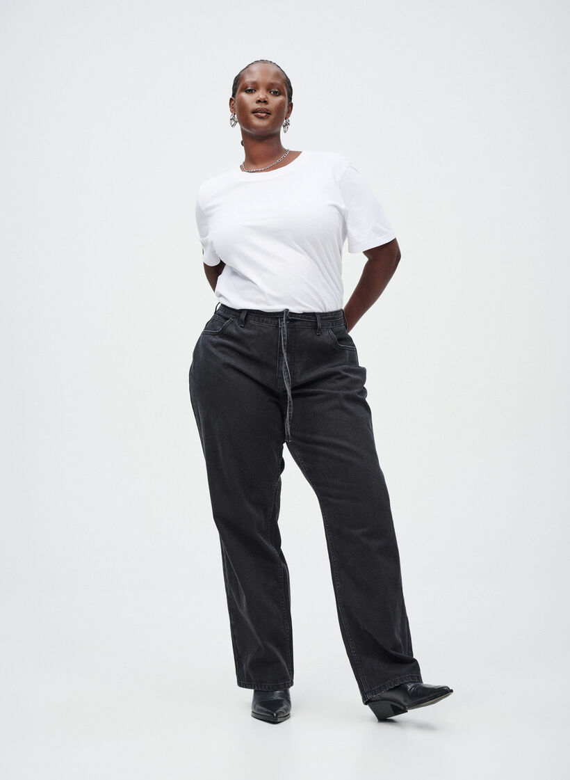 Straight-fit jeans met een strikceintuur, Zwart, Image