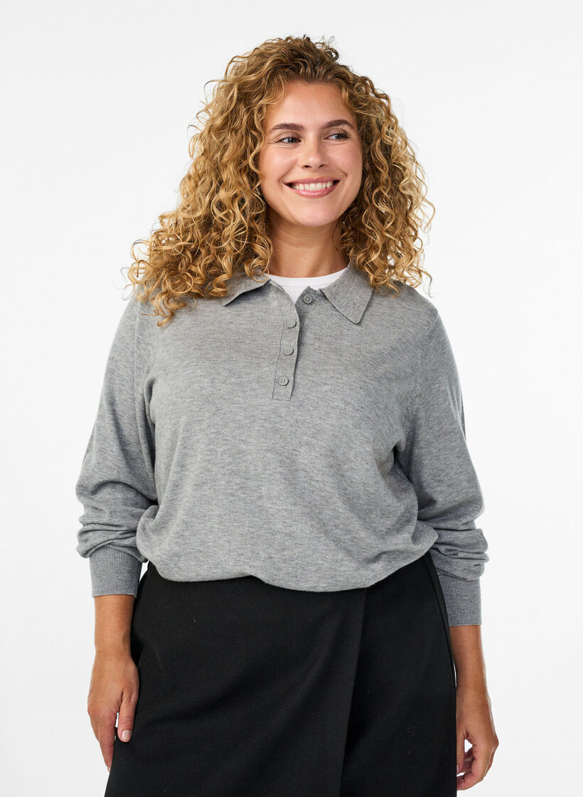 Strik blouse met kraag, Grijs, Model