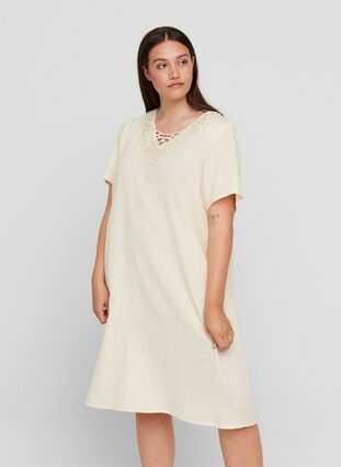 Katoenen jurk met korte mouwen en borduursel, Beige As Sample, Model image number 0