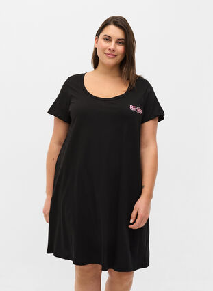 Katoenen nachthemd met korte mouwen, Black Pink BE MY, Model image number 0