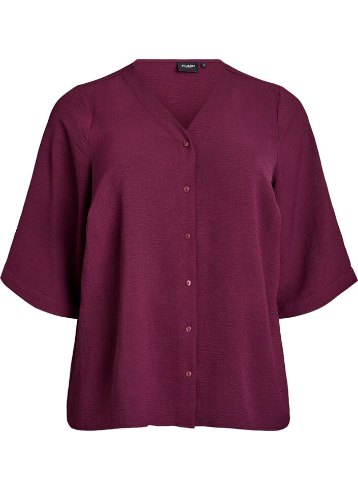 FLASH – Shirtblouse met V-hals en 3/4 mouwen, Donker Bordeaux, Packshot image number 0
