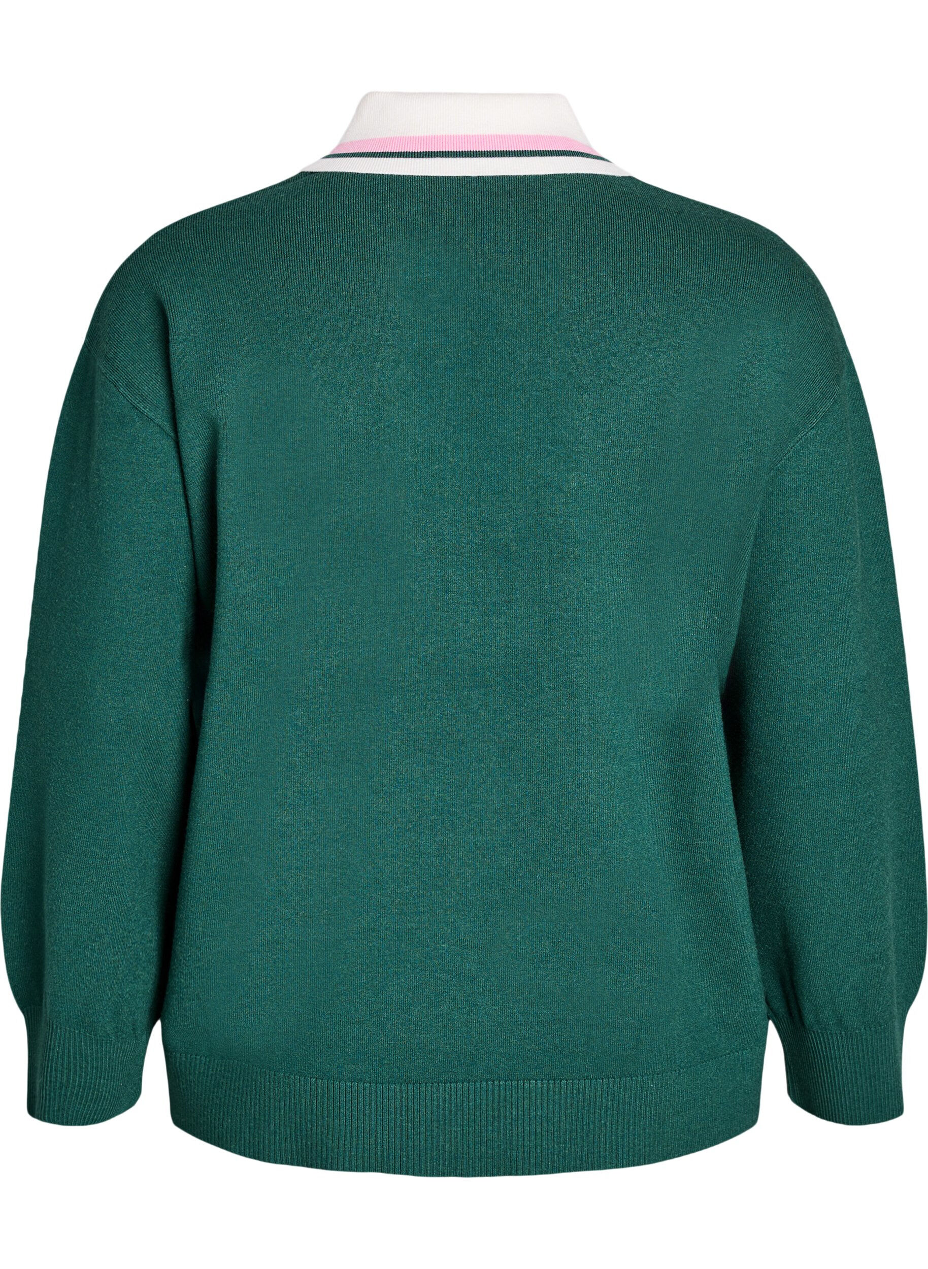 Zizzi Gebreide blouse met polokraag en contrasterende strepen, Groen, Packshot image number 1