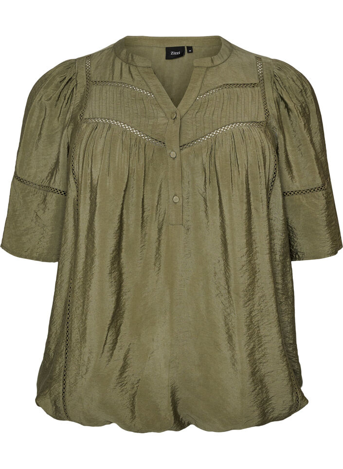 Viscose blouse met plooien en balloneffect, Groen, Packshot image number 0