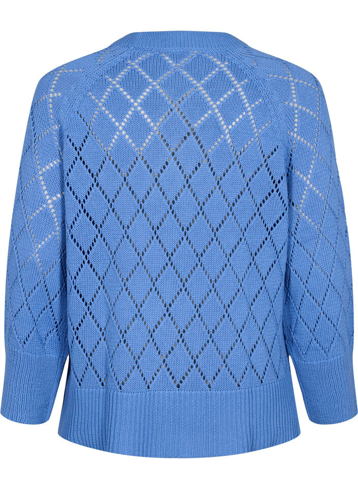 Gebreide blouse met lange mouwen en een gaatjespatroon, Blue Bonnet, Packshot image number 1