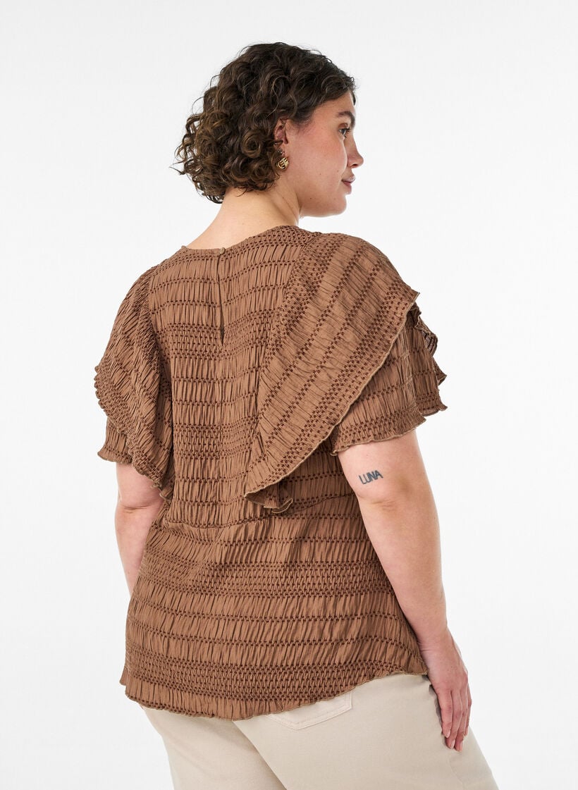 Blouse met smockstructuur en ruchesmouwen, Bruin, Model image number 2