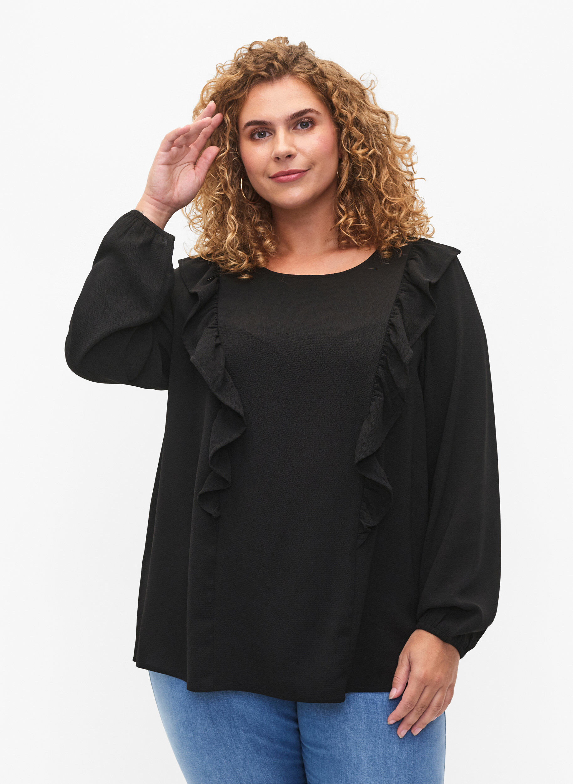 Zizzi Blouse met lange mouwen en ruches, Black, Model image number 0