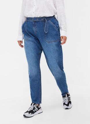 Jeans met hoge taille en riem, Blue denim, Model image number 2