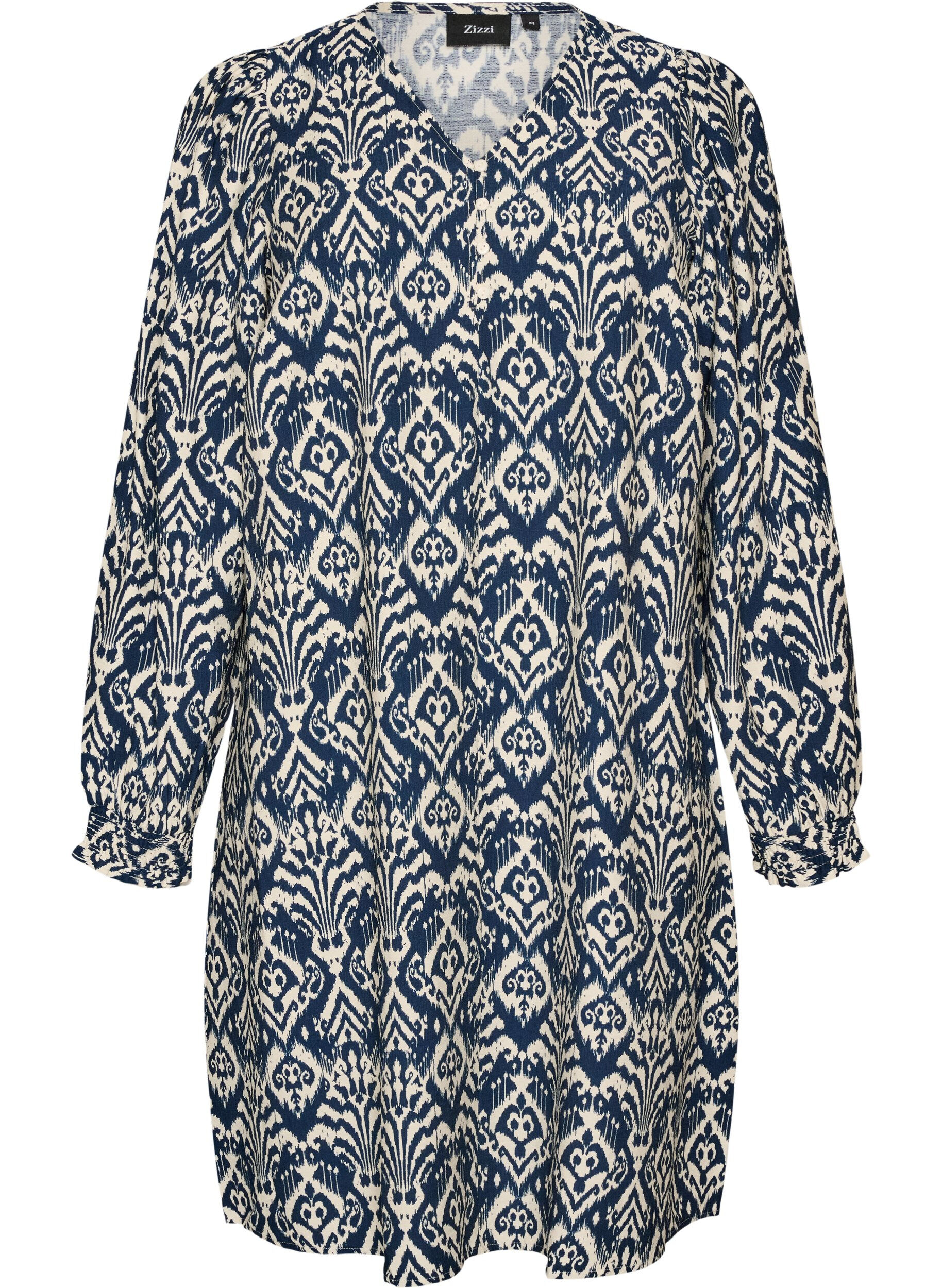 ZizziJurk van viscose met patroon en lange mouwen, Blauw, Packshot image number 0