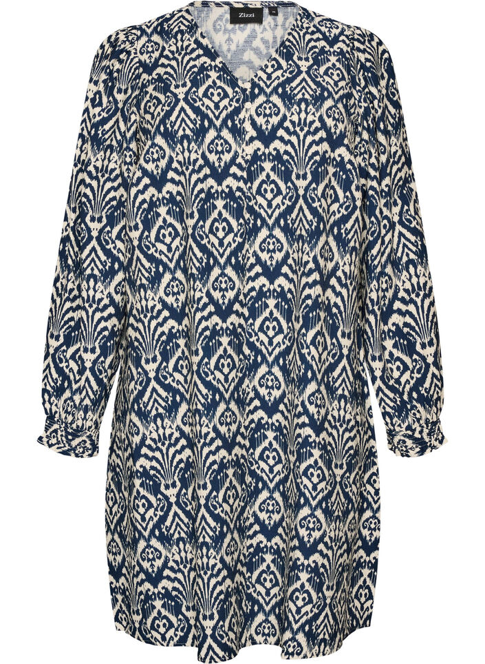Jurk van viscose met patroon en lange mouwen, Blauw, Packshot image number 0