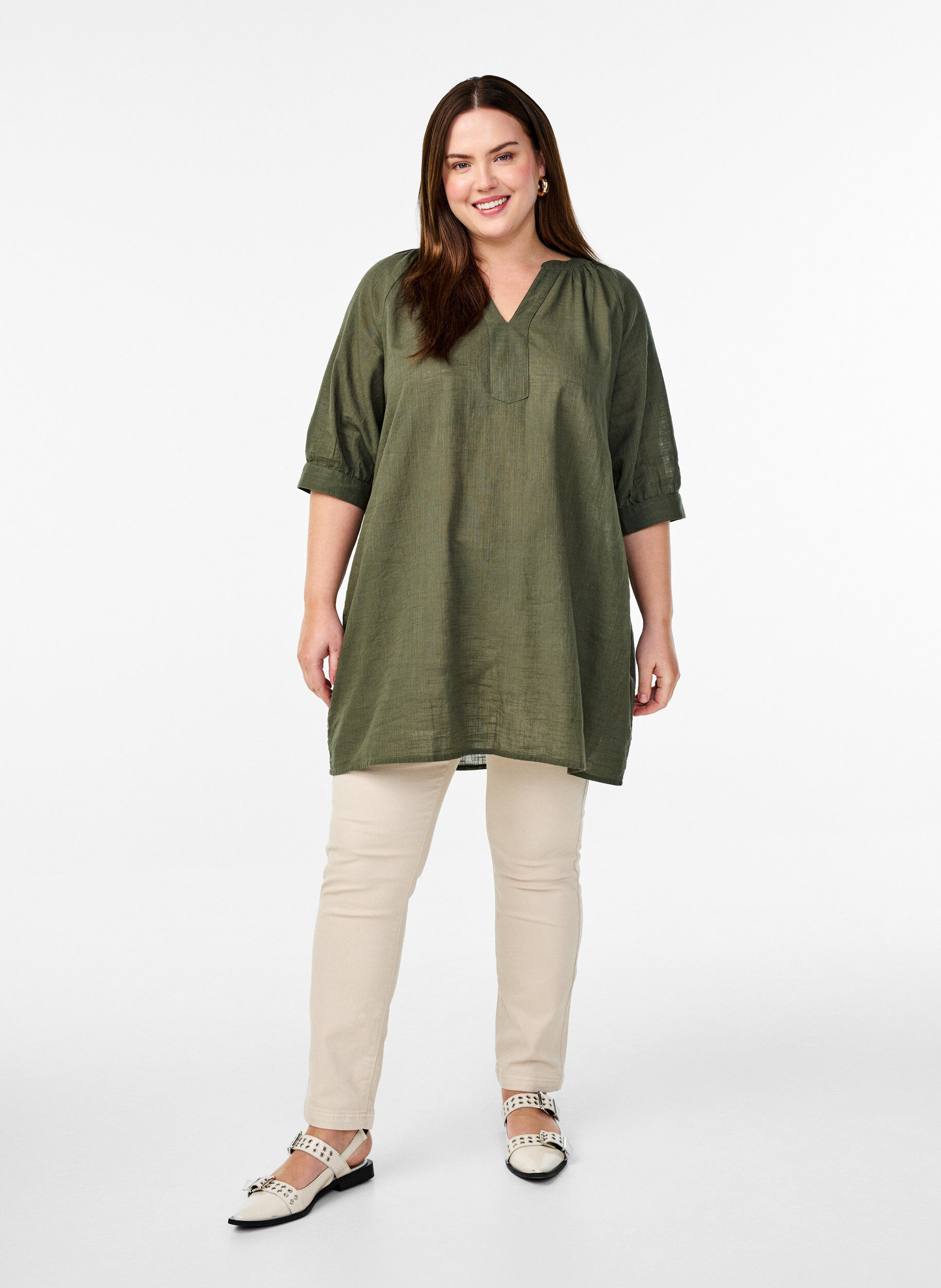 Zizzi Katoenen tuniek met V-hals, Groen, Model image number 1