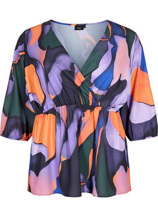 Bedrukte blouse met wikkel-look en 3/4 mouwen, Big Scale Print, Packshot image number 0