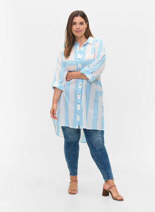 Gestreepte katoenen blouse met 3/4 mouwen, Blue Bell Stripe, Model image number 2