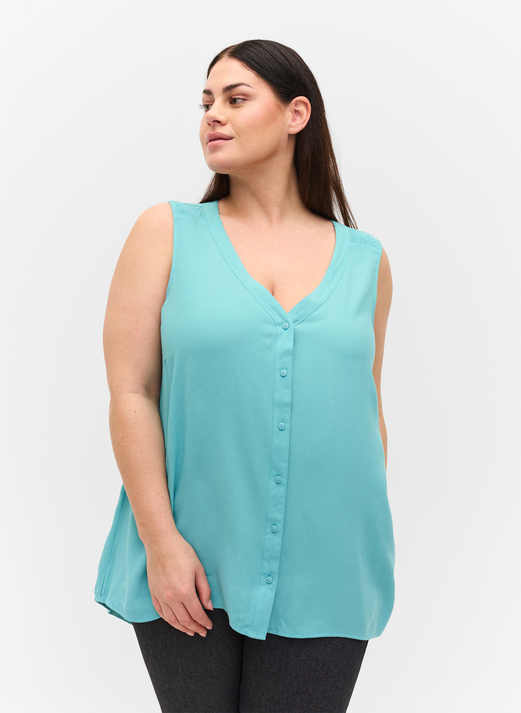 Zizzi Viscose top met  knopen, Aqua Sea, Model image number 0