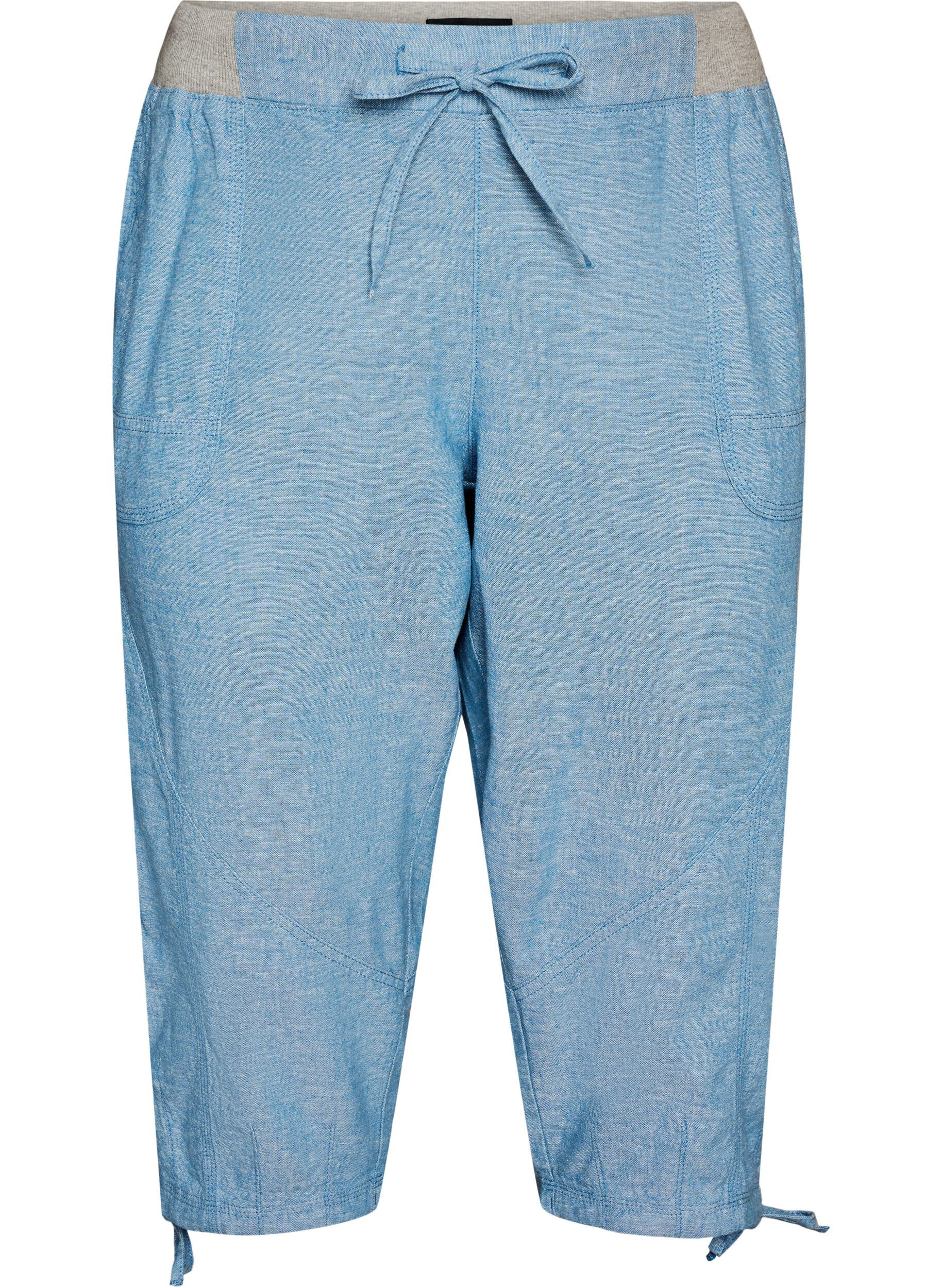 Zizzi Capribroek van katoen en linnen met elastische taille en strikkoord, Blauw, Packshot image number 0