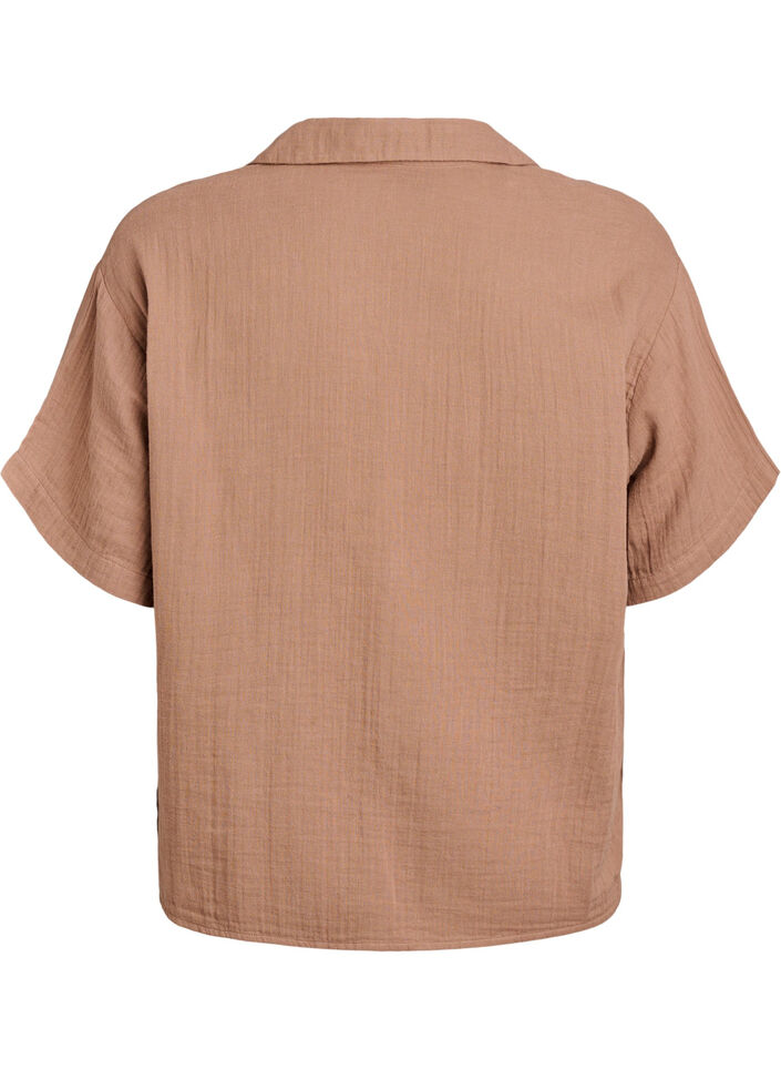 Katoenen mousseline blouse met korte mouwen, Bruin, Packshot