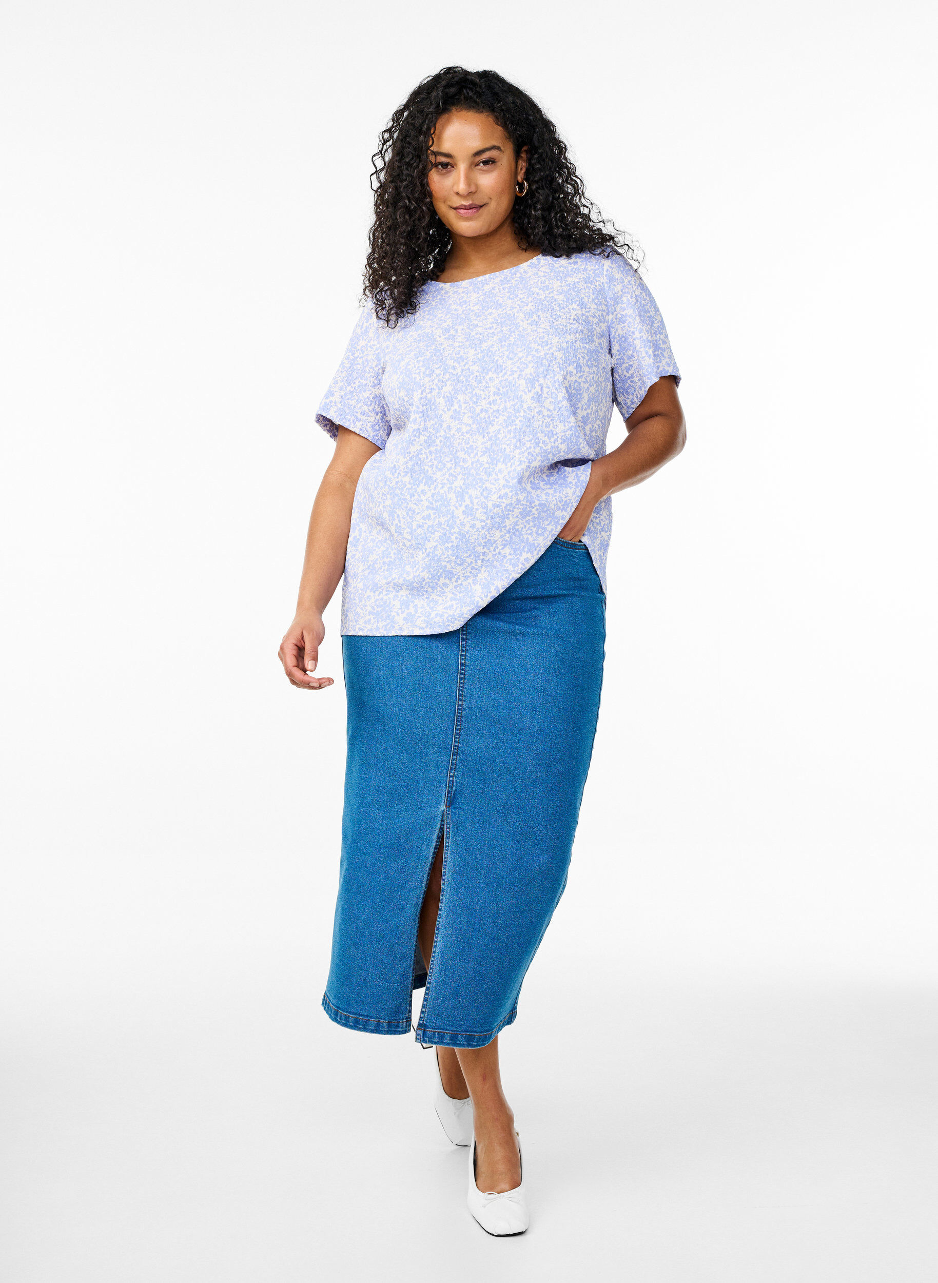 ZizziBlouse met korte mouwen en textuur, Blauw, Model image number 1