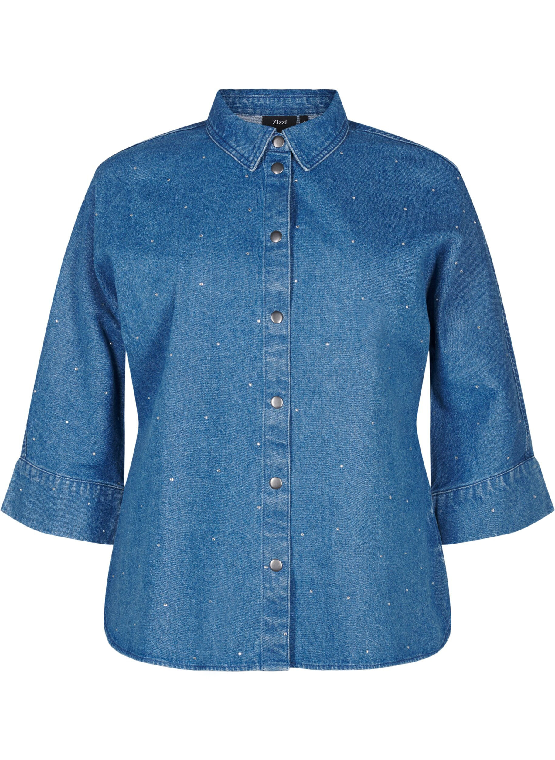 Zizzi Denim shirt met strassteentjes en driekwartmouwen, Bl. Denim Rhinestone, Packshot image number 0