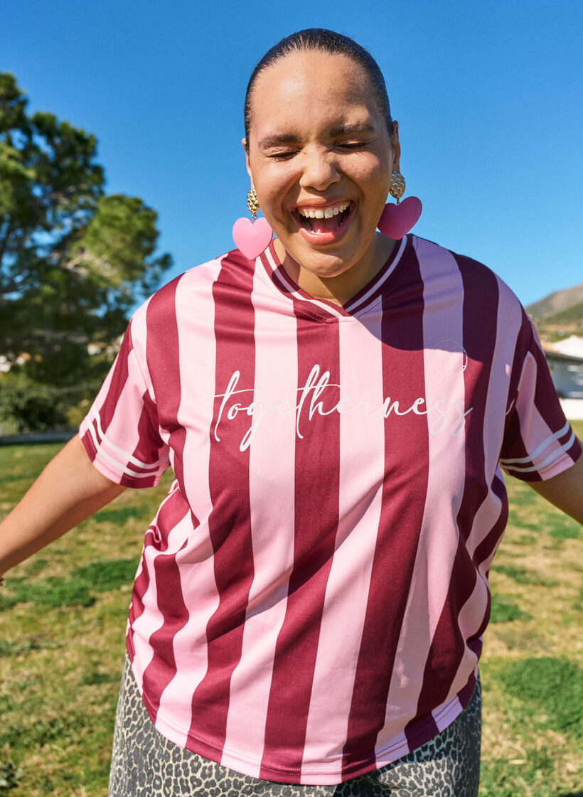 Sportief T-shirt met strepen en tekstmotief, Roze, Image image number 0