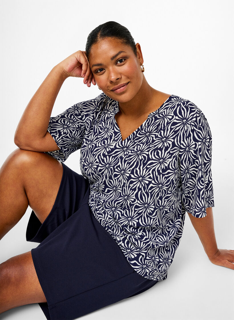  Blouse met V-hals en bloemenprint, White Blue Flower, Image image number 0