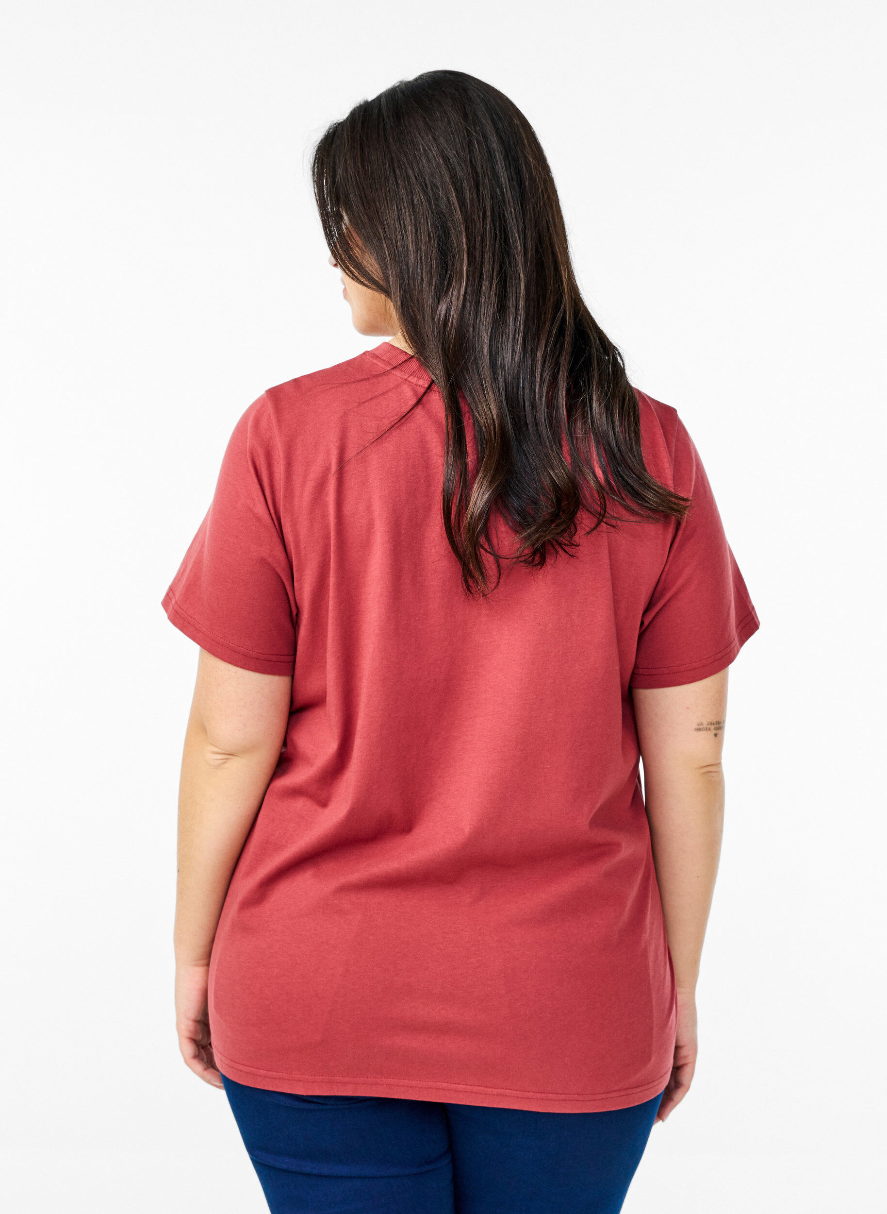 Zizzi Basic katoenen T-shirt met ronde hals, Rood, Model image number 2