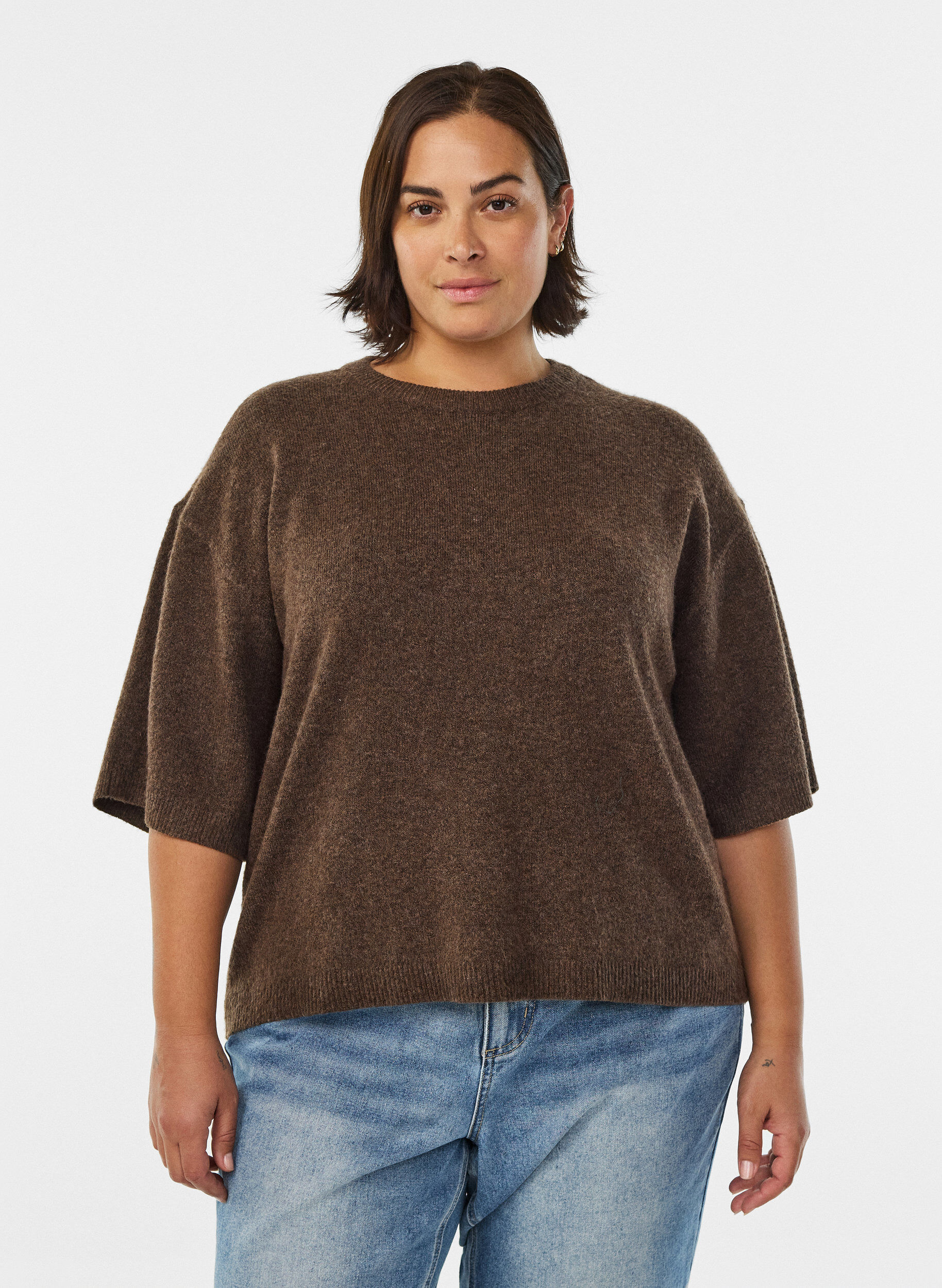 Zizzi Los gebreide shirt met korte mouwen, Bruin, Model image number 0