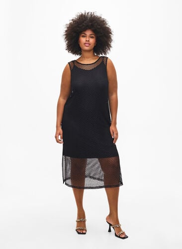 Mouwloze jurk van mesh met split, Black, Model image number 0