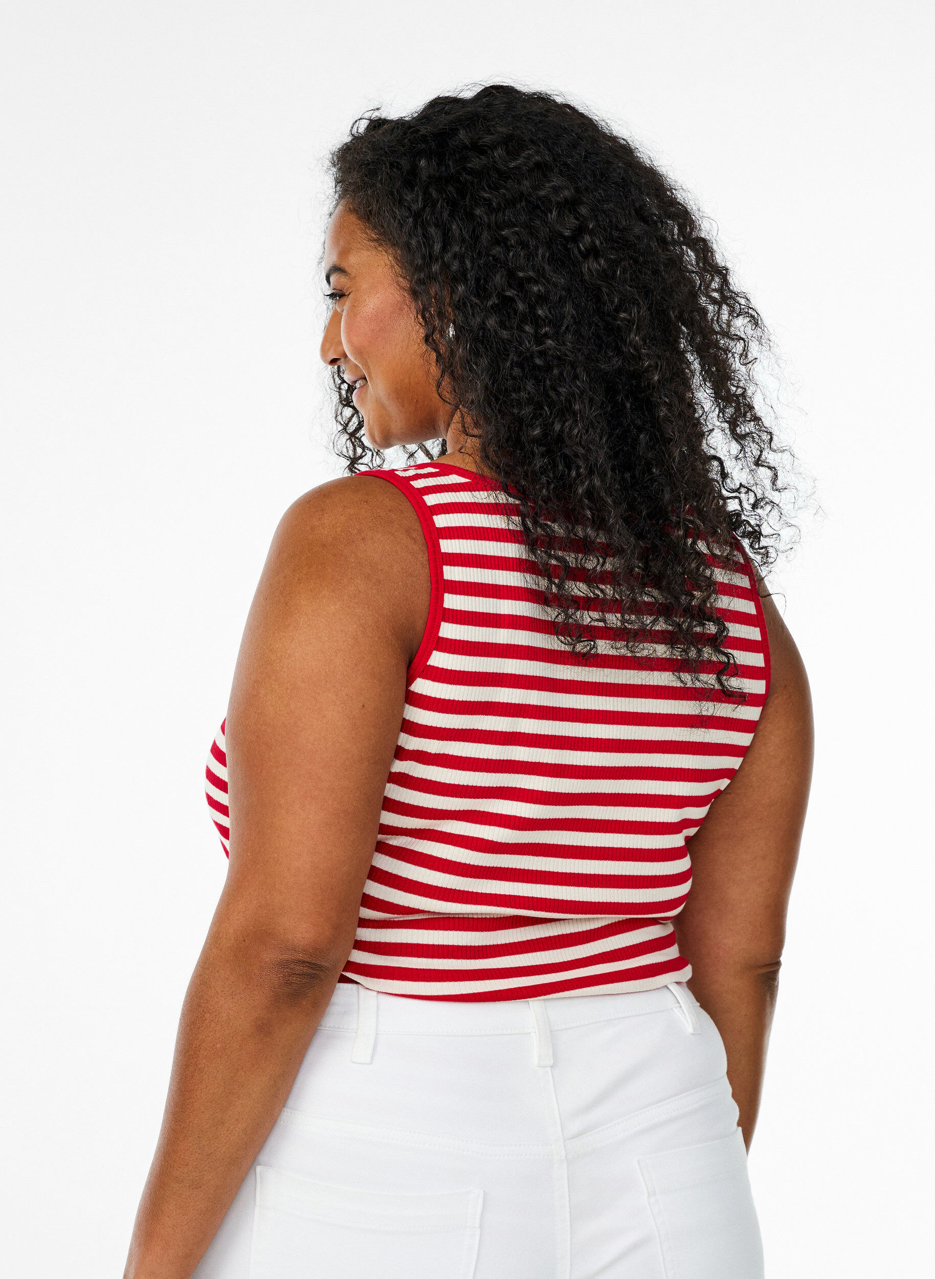ZizziGestreepte tanktop met een ribstructuur, Rood, Model image number 2