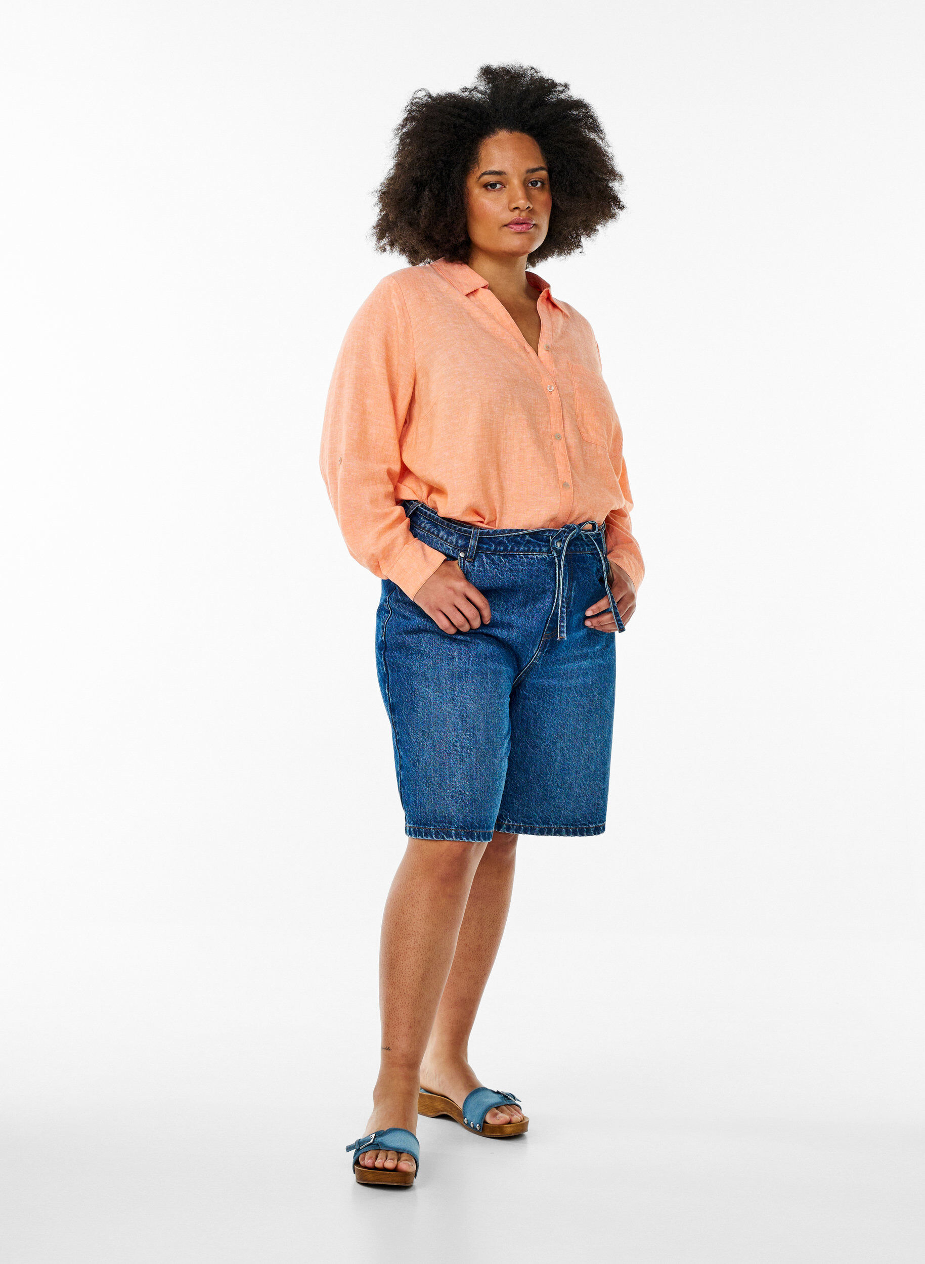 ZizziLinnen en viscose shirt met 3/4 mouwen, Oranje, Model image number 1