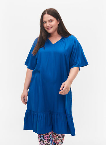 Viscose jurk met korte mouwen en v-hals, Classic Blue, Model image number 0